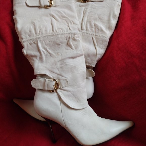 Basconi Cream Leather Stiletto Boots, SZ. 37 (6.5) - Picture 1 of 13